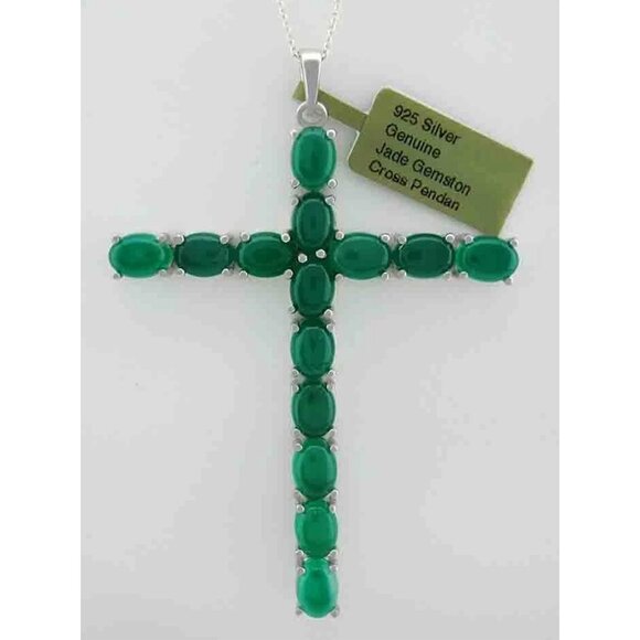 Genuine 9.60 Cts Jade Cross Necklace .925 Silver (Yellow Tone)
